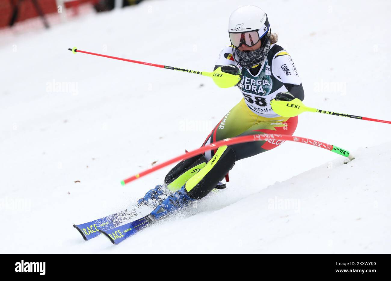 ZAGREB, CROATIA - JANUARY 04: Kim Vanreusel of Belgia during the first run of the Audi FIS Ski World Snow Queen Trophy Woman's Salom on January 4, 2022 in Zagreb, Croatia. Photo: Luka Stanzl/PIXSELL Stock Photo