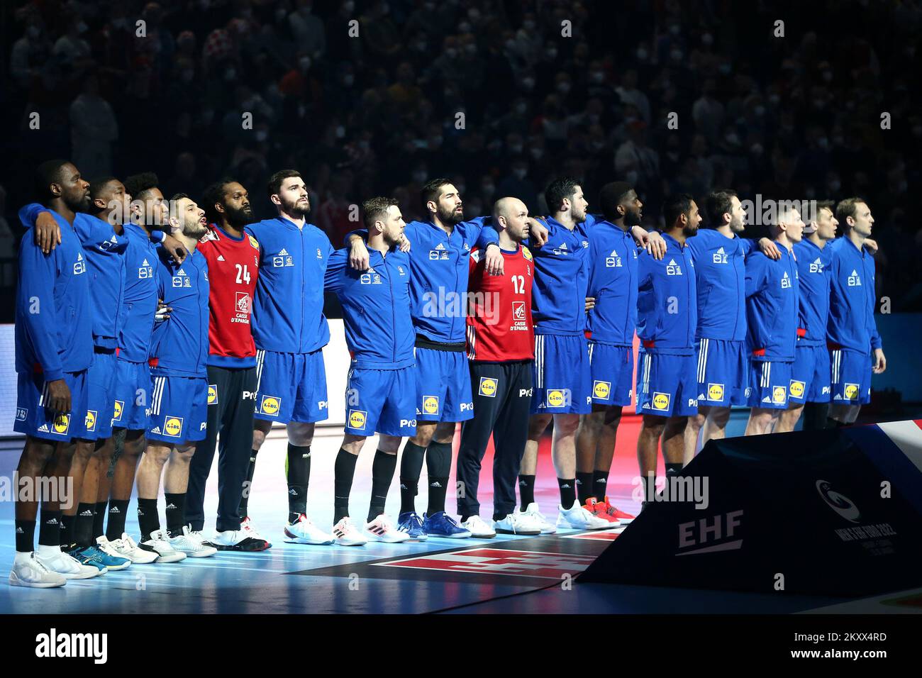 SZEGED, HUNGARY - JANUARY 13: Team of France during the national anthem during the Men's EHF EURO 2022 match between Croatia and France at Szeged Uj Arena on January 13, 2022 in Szeged, Hungary. Photo: Sanjin Strukic/PIXSELL Stock Photo