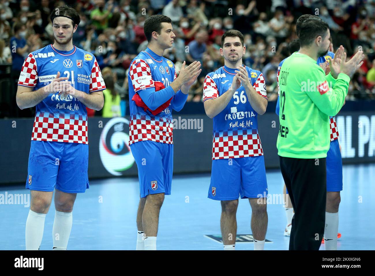 Veron Nacinovic of Croatia, Mateo Maras of Croatia and Davor Cavar of Croatia after the Men's EHF EURO 2022 Main Round Group 1 match between Netherlands and Croatia at MVM Dome on January 26, 2022 in Budapest, Hungary. Photo: Sanjin Strukic/PIXSELL Stock Photo