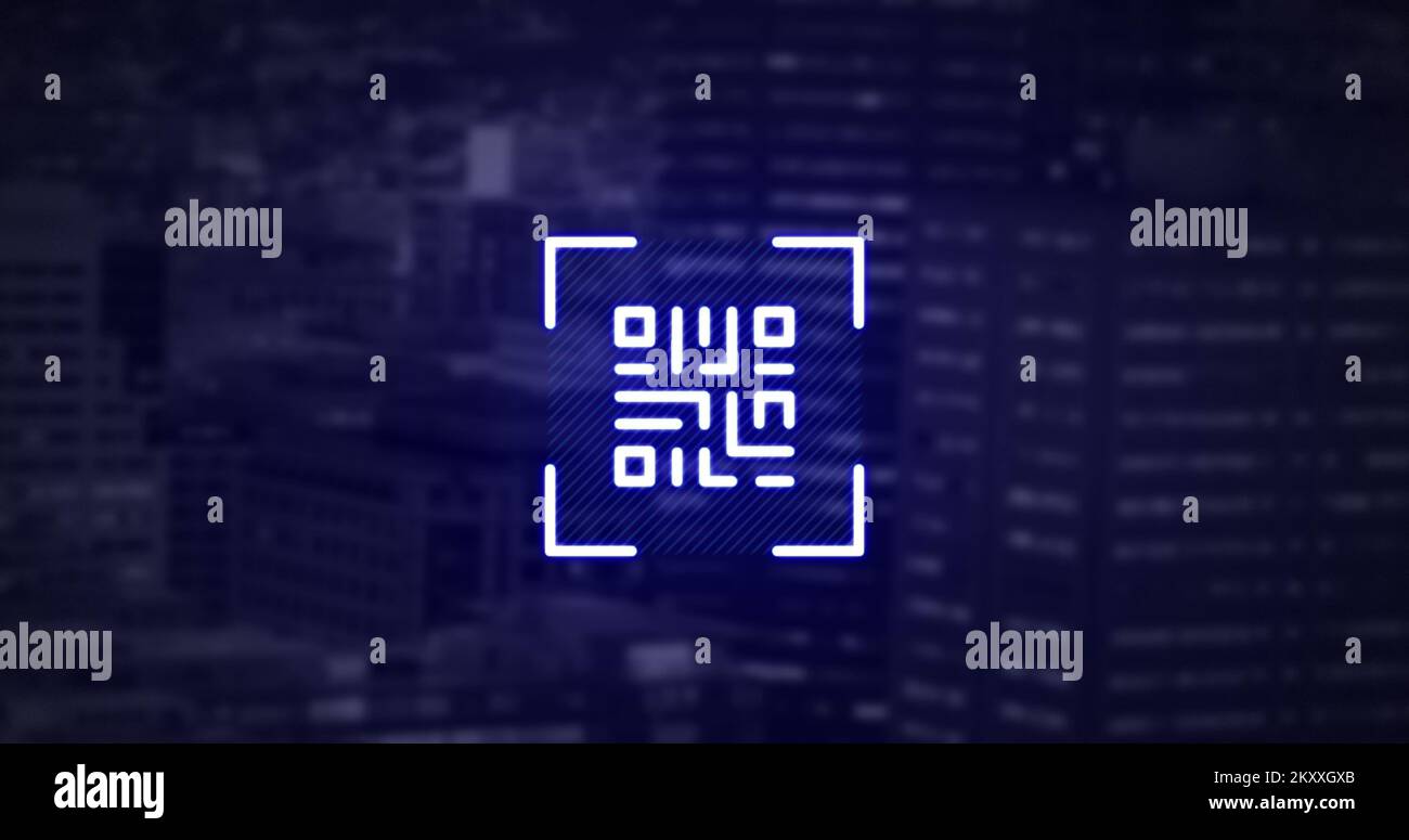 QR code scanner with neon elements against tall buildings Stock Photo