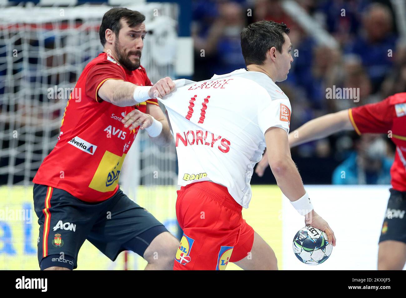 Rasmus Lauge Schmidt of Denmark is challenged by Jorge Maqueda Peno of Spain during the Men's EHF EURO 2022 Semi Final match between Spain and Denmark at MVM Dome on January 28, 2022 in Budapest, Hungary. Photo: Sanjin Strukic/PIXSELL Stock Photo