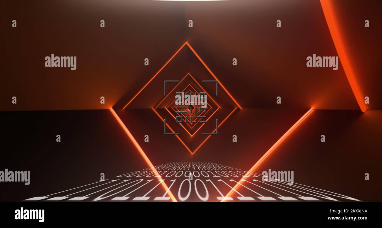 QR code scanner over binary coding against light trails Stock Photo