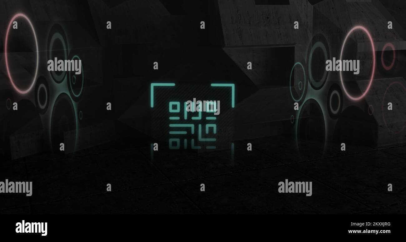 QR code scanner with neon elements against black background Stock Photo