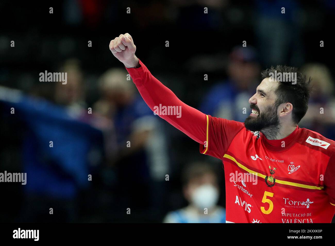 Jorge Maqueda Peno of Spain celebrate after during the Men's EHF EURO 2022 Semi Final match between Spain and Denmark at MVM Dome on January 28, 2022 in Budapest, Hungary. Photo: Sanjin Strukic/PIXSELL Stock Photo