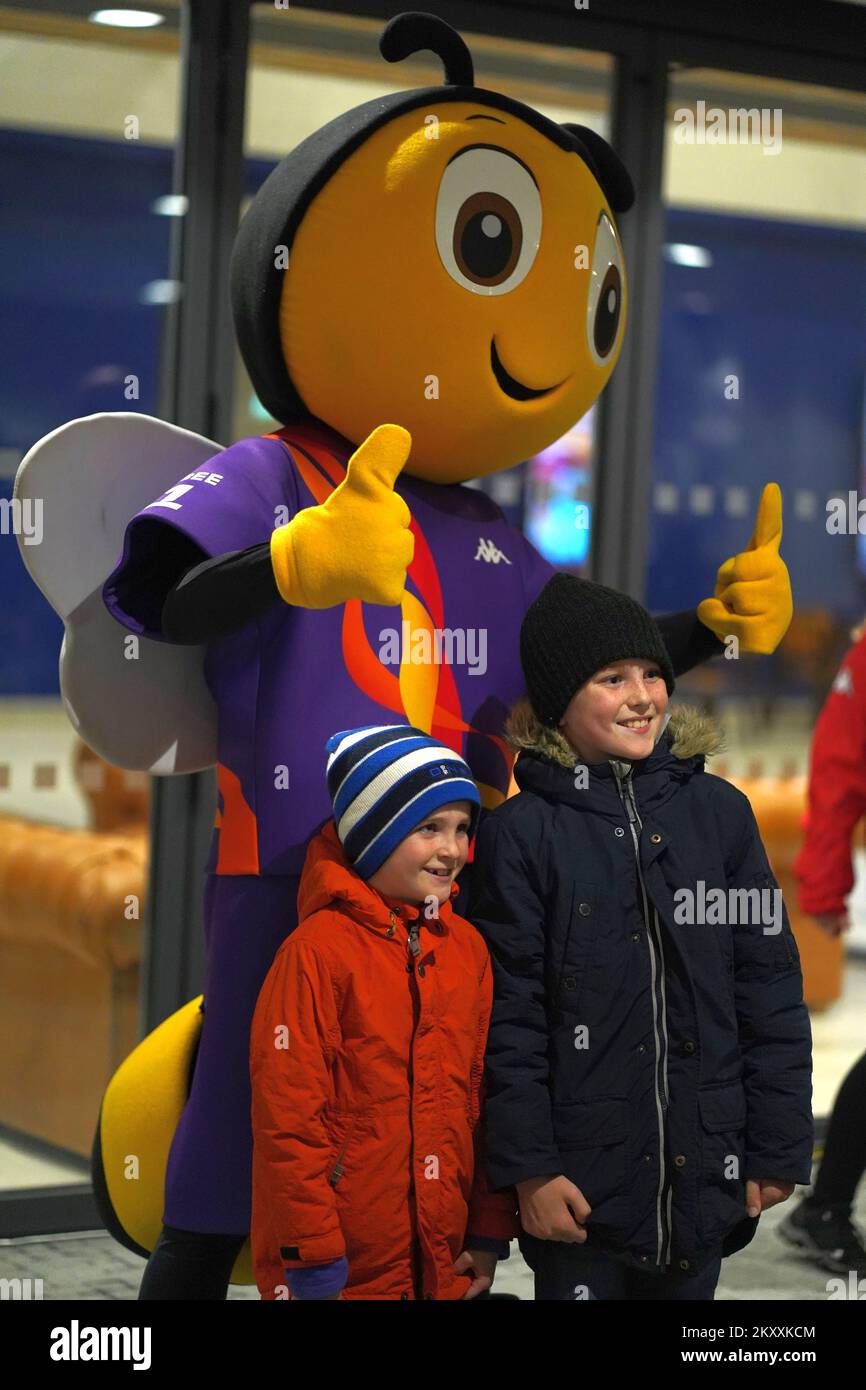 Rugby League world cup mascot RugBee meeting fans at Scotland V Australia at Coventry Arena, October 2022 Stock Photo