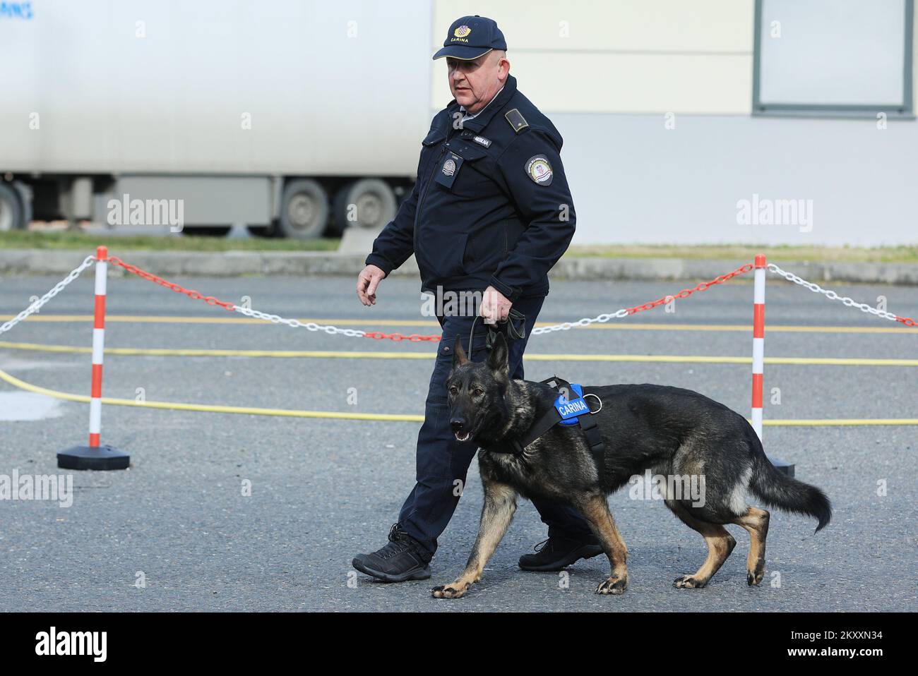 Customs officer Damir Predosevic and his dog Bel Bel searches for drugs