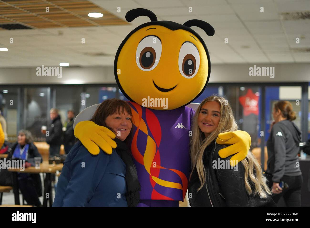 Rugby League world cup mascot RugBee meeting fans at Scotland V Australia at Coventry Arena, October 2022 Stock Photo