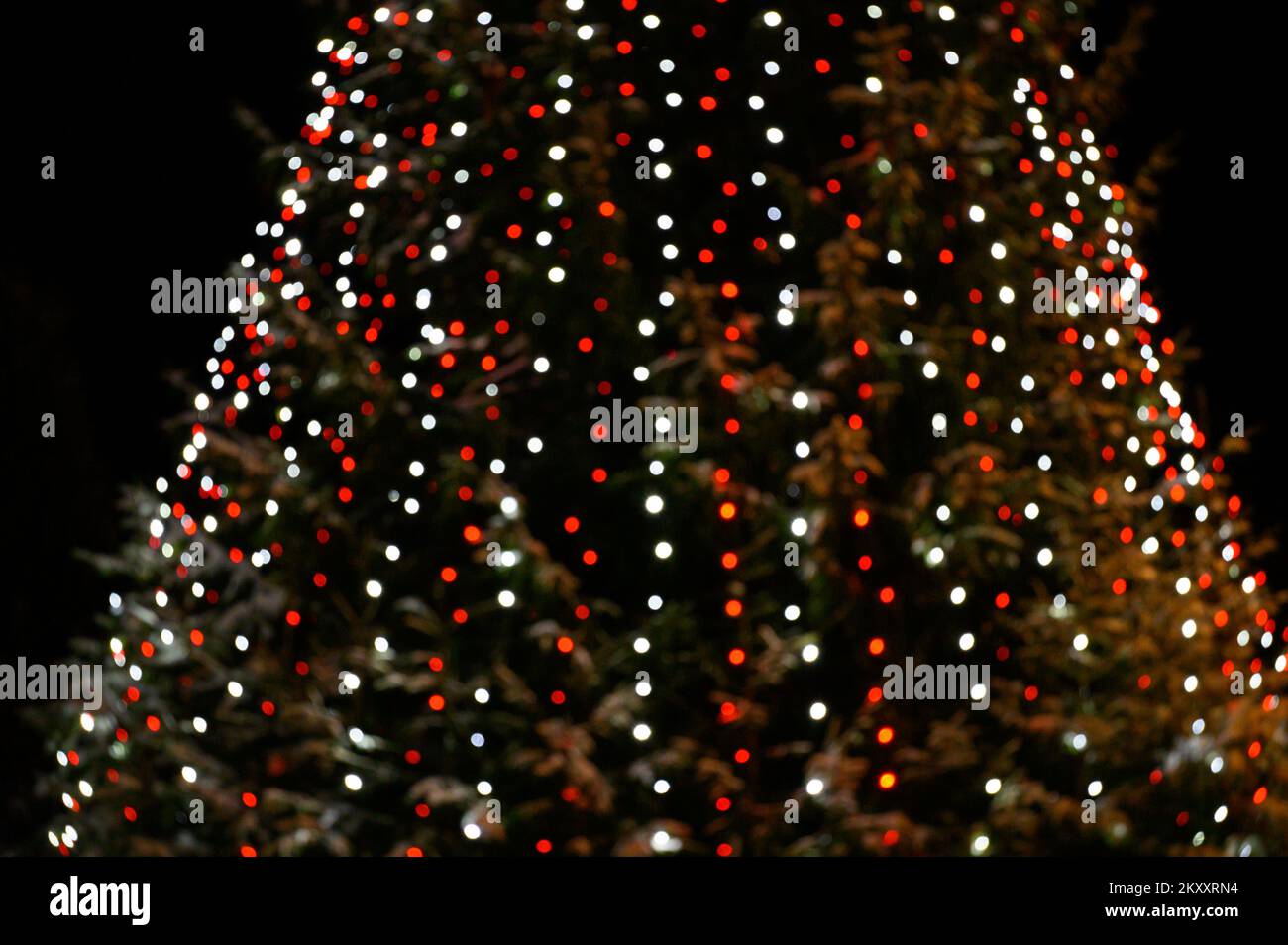Abstract christmas background with christmas tree with decorations, defocused bokeh lights outdoors. Stock Photo