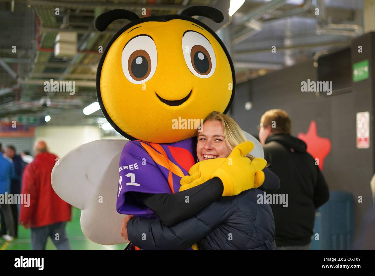 Rugby League world cup mascot RugBee meeting fans at Scotland V Australia at Coventry Arena, October 2022 Stock Photo