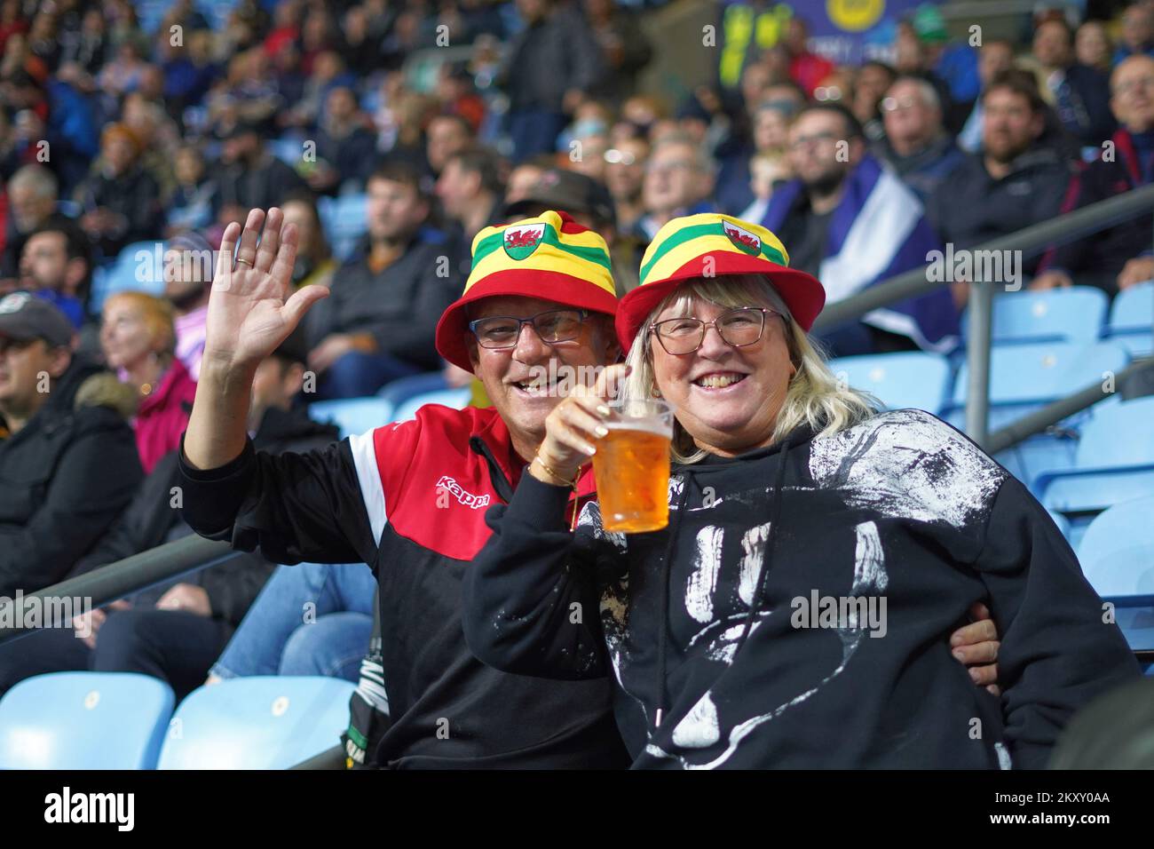 Welsh supporters at Scotland v Australia, Coventry Arena, Rugby League World Cup Stock Photo