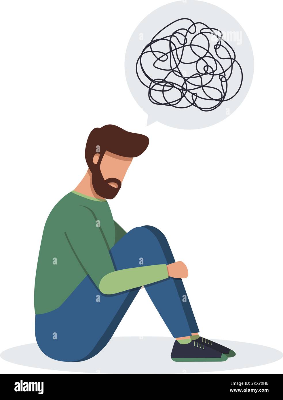 Man with confused thoughts sitting on the floor. Frustration, depression, negative thoughts concept Stock Vector