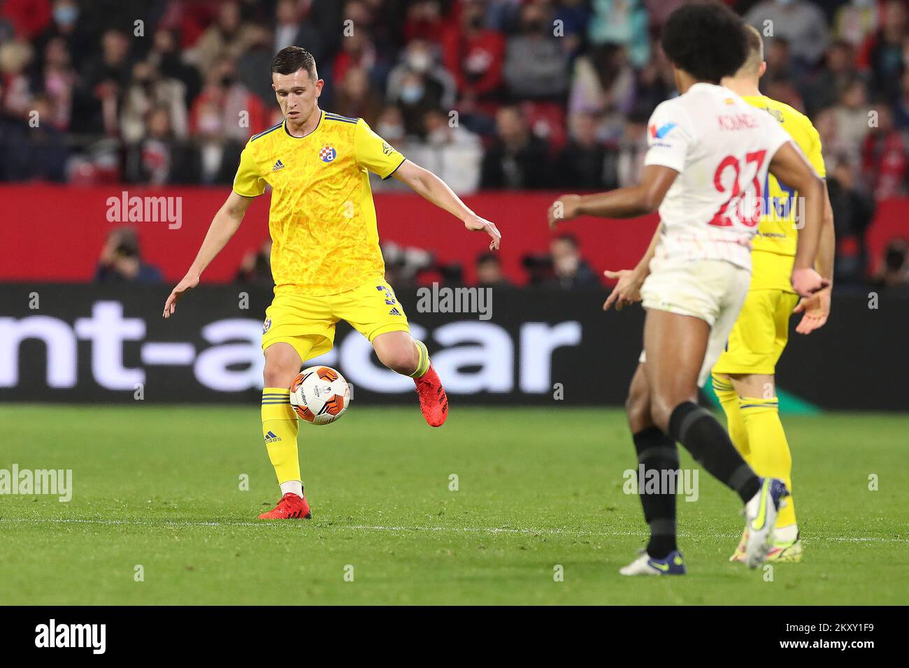 Daniel Stefulj of Dinamo Zagreb in action during the UEFA Europa League Knockout Round Play-Offs Leg One match between Sevilla FC and Dinamo Zagreb at Estadio Ramon Sanchez Pizjuan on February 17, 2022 in Seville, Spain. Photo: Goran Stanzl/PIXSELL Stock Photo