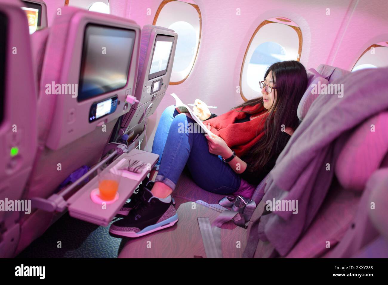 HONG KONG - MARCH 09, 2015: Emirates Airbus A380 economy class ...