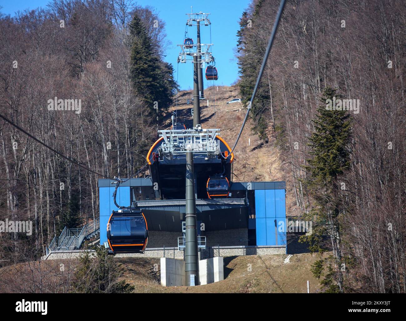 People ride the cable car during opening of the Sljeme cable car, in