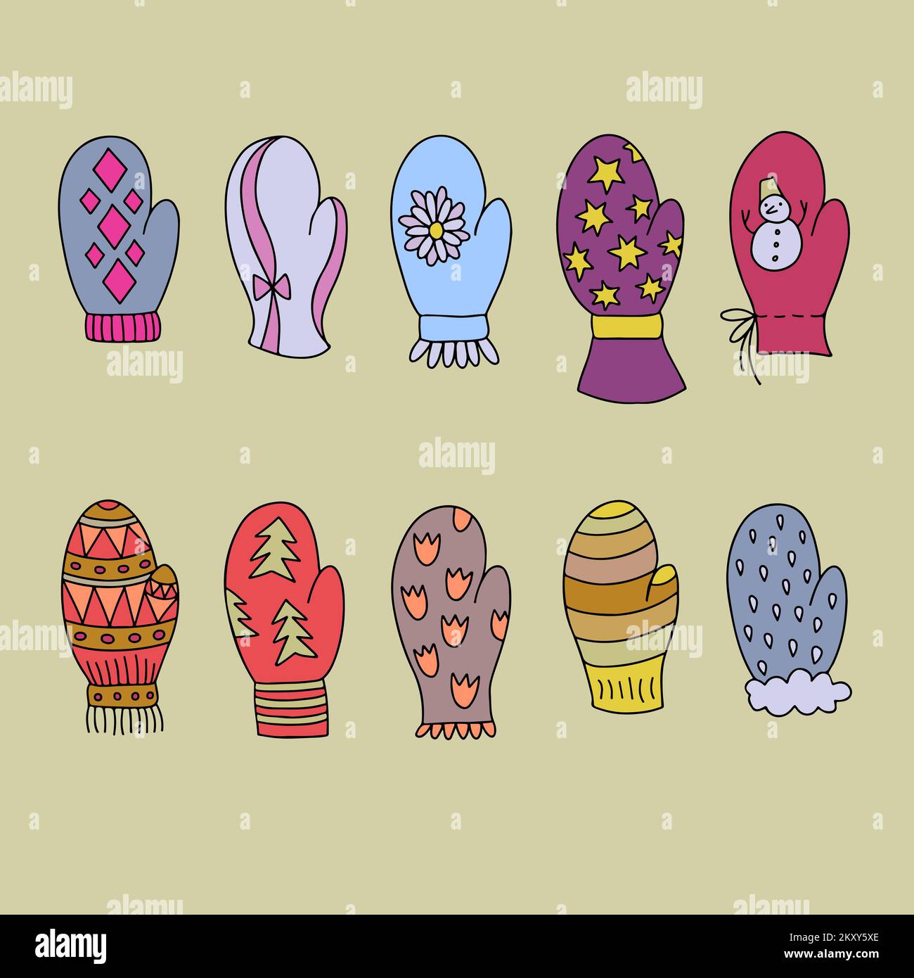 Doodle mittens and gloves with different texture and color Stock Vector