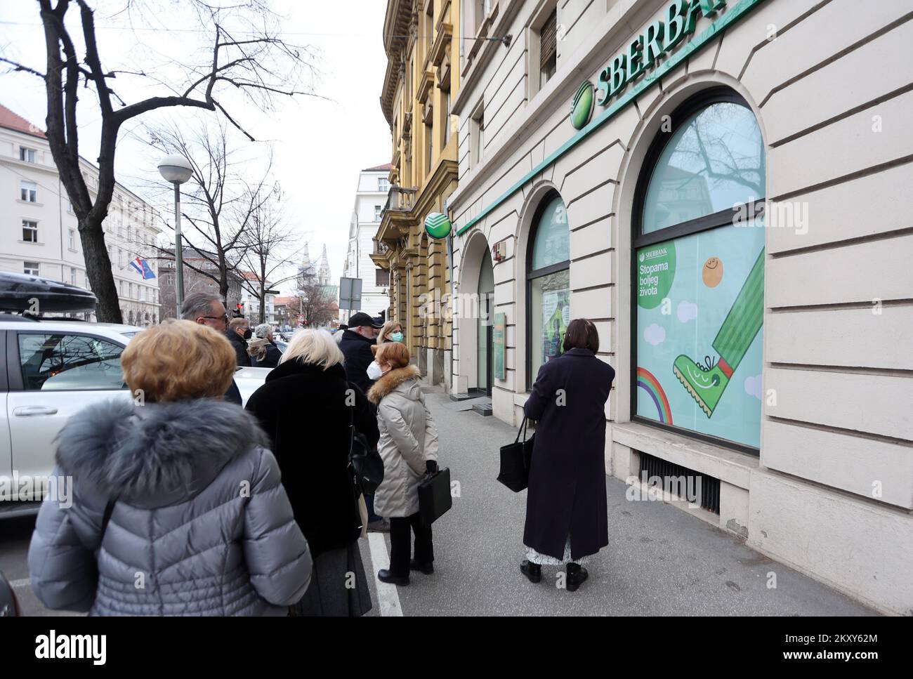 Citizens are waiting in line in front of the Russian bank Sberbank in Zagreb, Croatia on February 25, 2022. Yesterday's attack by Russia on Ukraine caused concern in all areas of life, as well as in the field of deposit insurance, especially in relation to Russian banks operating in the territory of the Republic of Croatia. Photo: Marko Prpic/PIXSELL Stock Photo