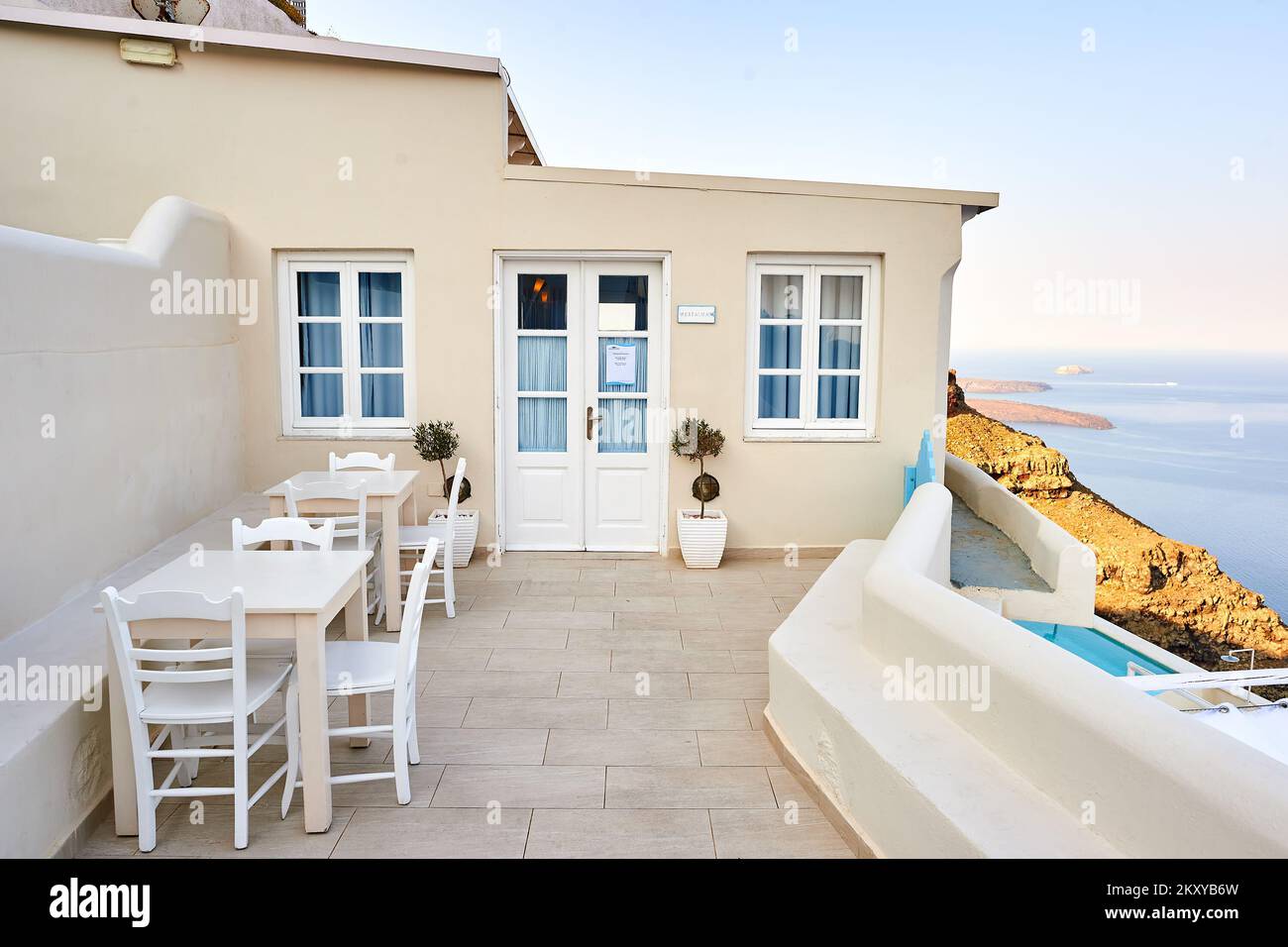 SANTORINI, GREECE - AUGUST 05, 2015: view of Andromeda Villas at morning. Andromeda Villas is an elegant hotel are situated in Imerovigli, Santorini i Stock Photo
