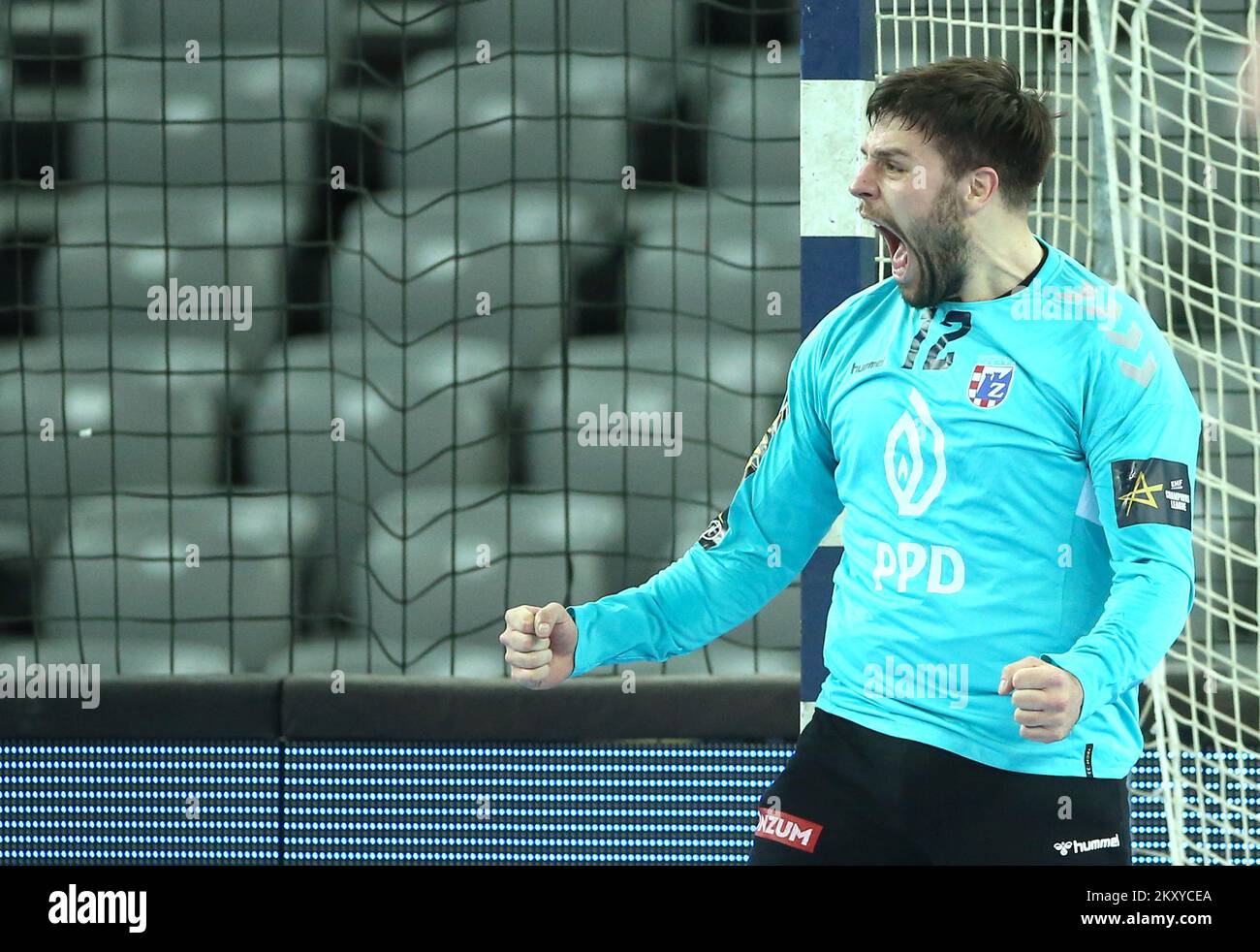 Goalkeeper Dino Slavic of PPD Zagreb reacts during EHF Champions League