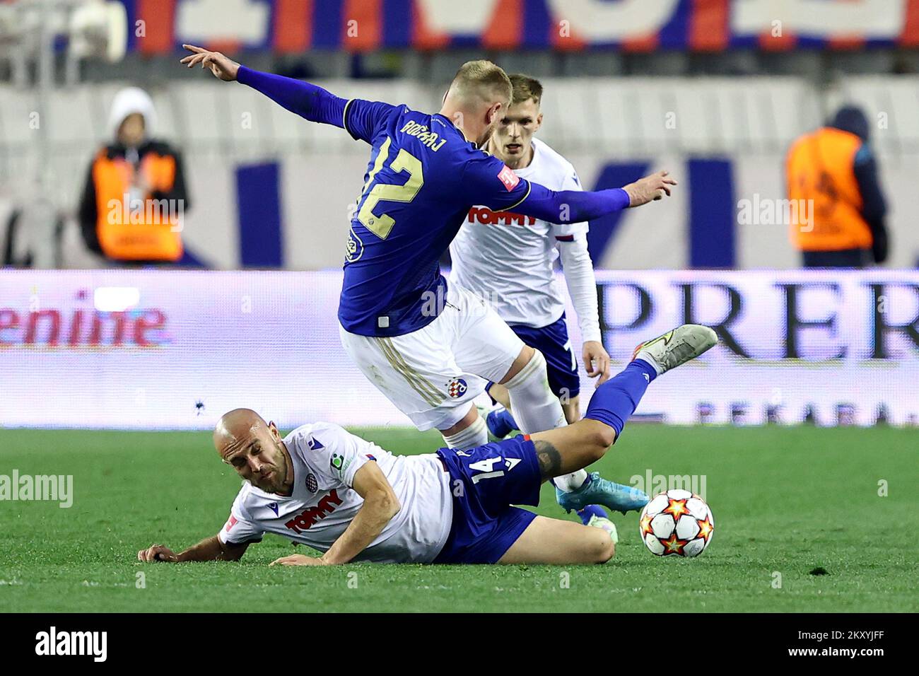 Ferro of Hajduk Split and Mislav Orsic of Dinamo Zagreb during the HT First  League match between HNK Hajduk Split and GNK Dinamo Zagreb at the Poljud  Stadium on March 12, 2022