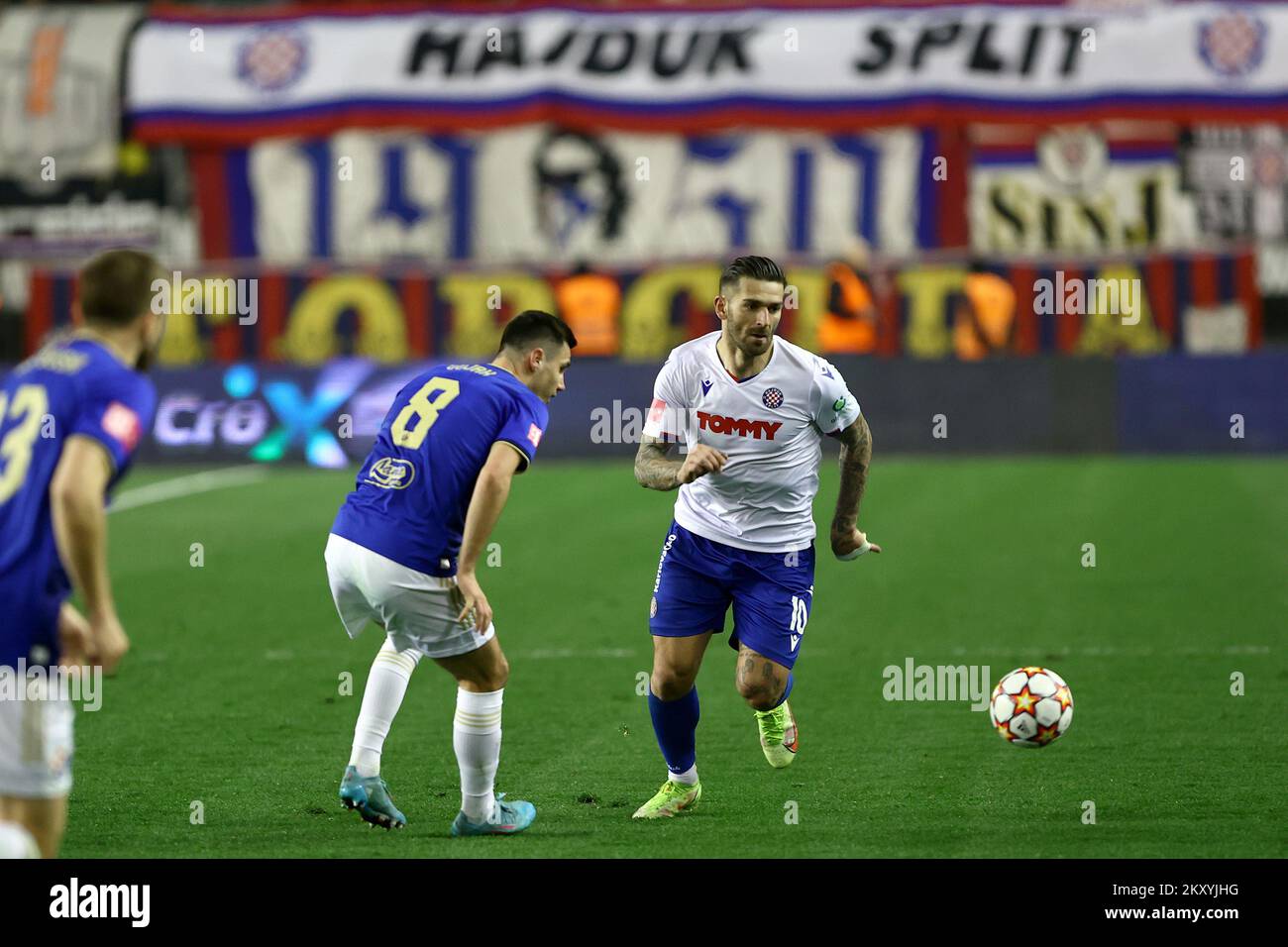 Ferro of Hajduk Split and Mislav Orsic of Dinamo Zagreb during the HT First  League match between HNK Hajduk Split and GNK Dinamo Zagreb at the Poljud  Stadium on March 12, 2022