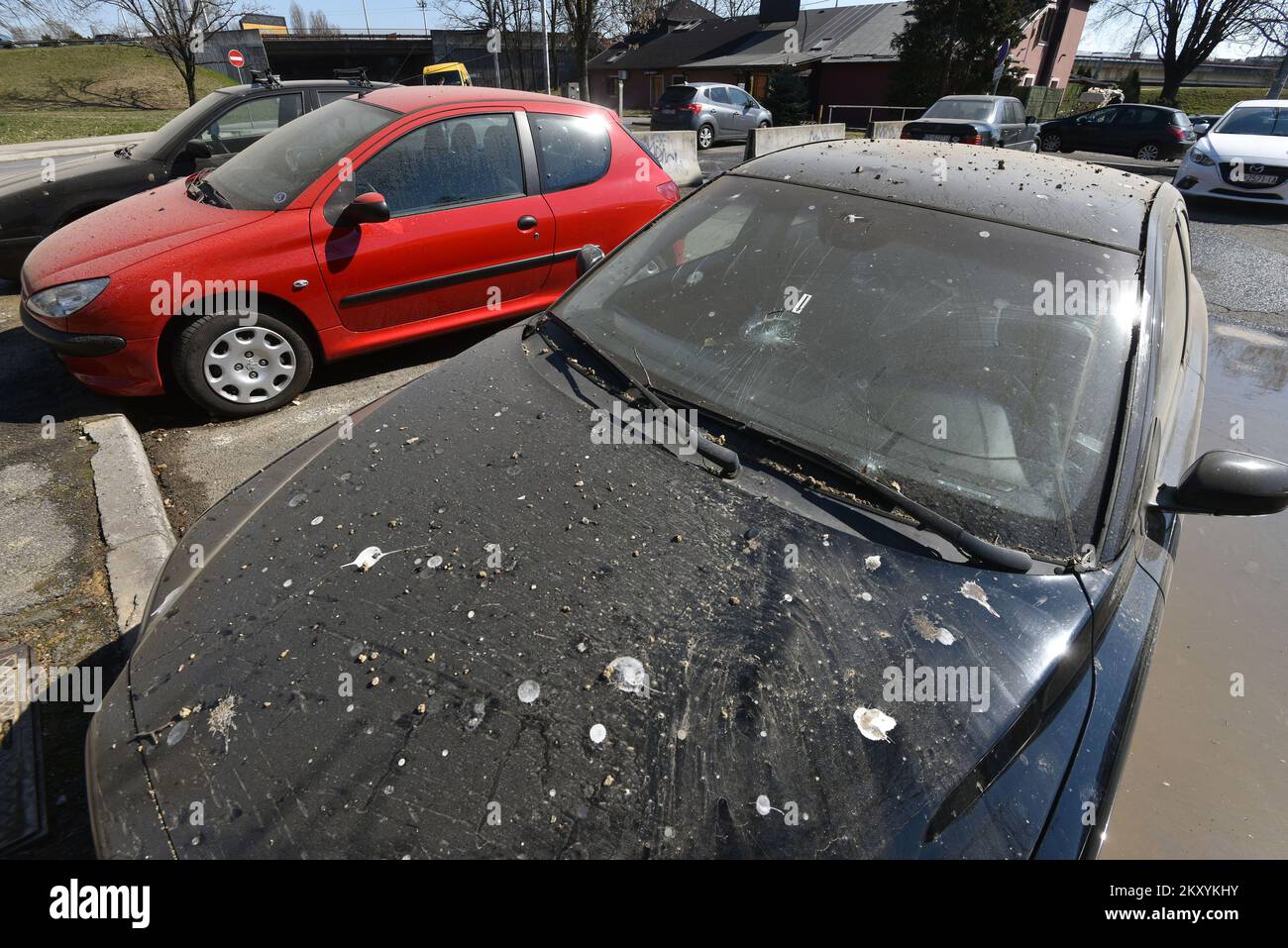 A photo taken on March 14, 2022. shows cars damaged in a drone TU141