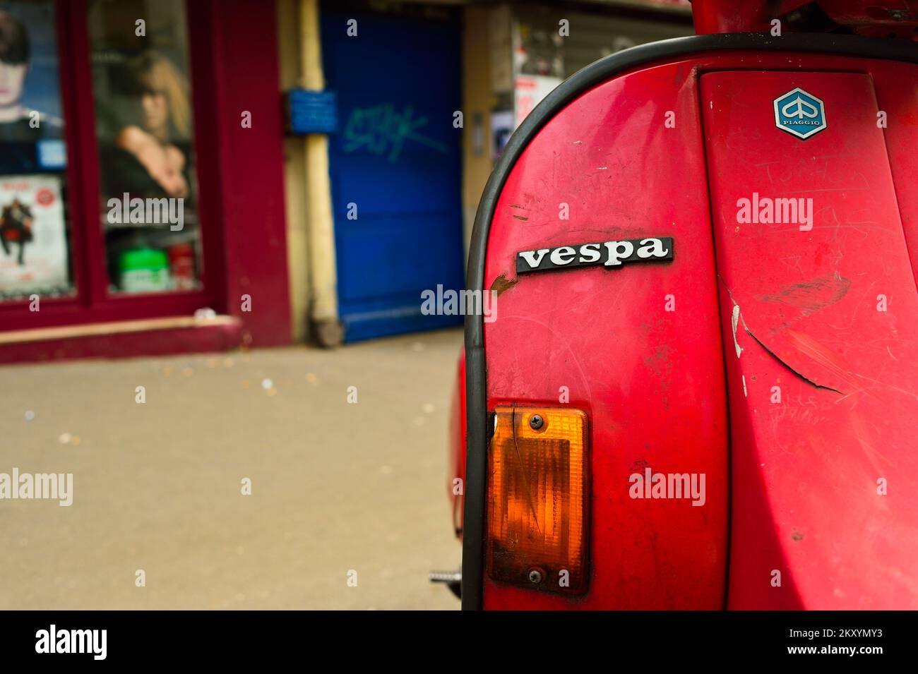 PARIS, FRANCE - AUGUST 09, 2015: modern and vintage motorbikes parked in the street of Paris. Paris, aka City of Love, is a popular travel destination Stock Photo