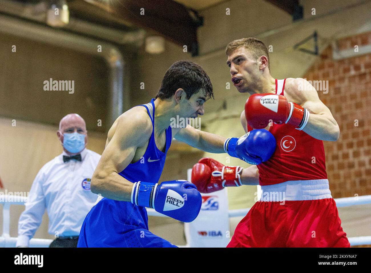 Mehmet Aydemir of Turkey (red) fights Harut Hakobkokhyan of Armenia (blue) during the EUBC U22 European Boxing Championships Welterweight (63.5-67kg) match at Intersport Hall on March 15, 2022 in Porec, Croatia. Photo: Srecko Niketic/PIXSELL Stock Photo