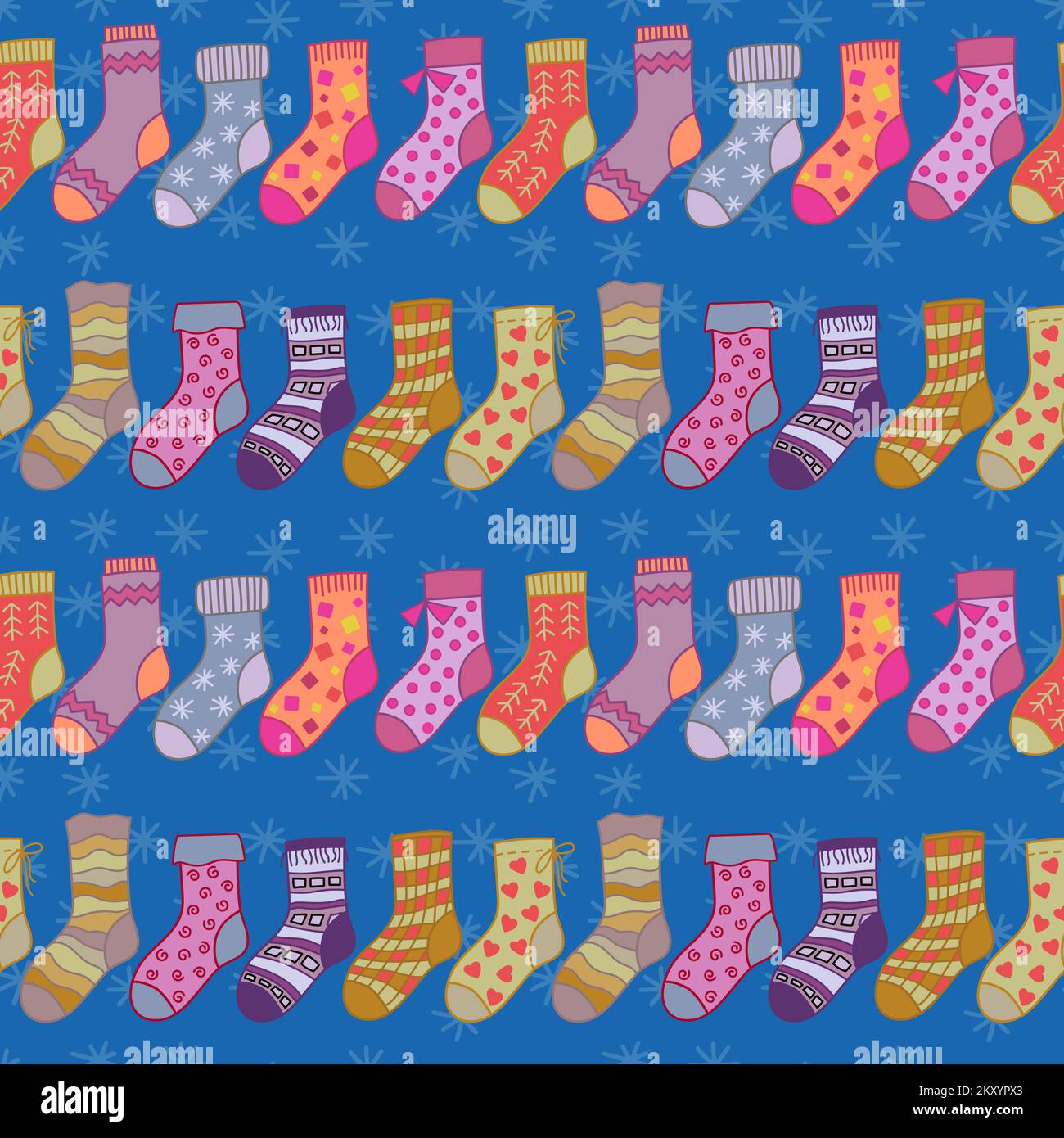 Winter socks seamless pattern on blue background. Different texture and color cartoon socks in a