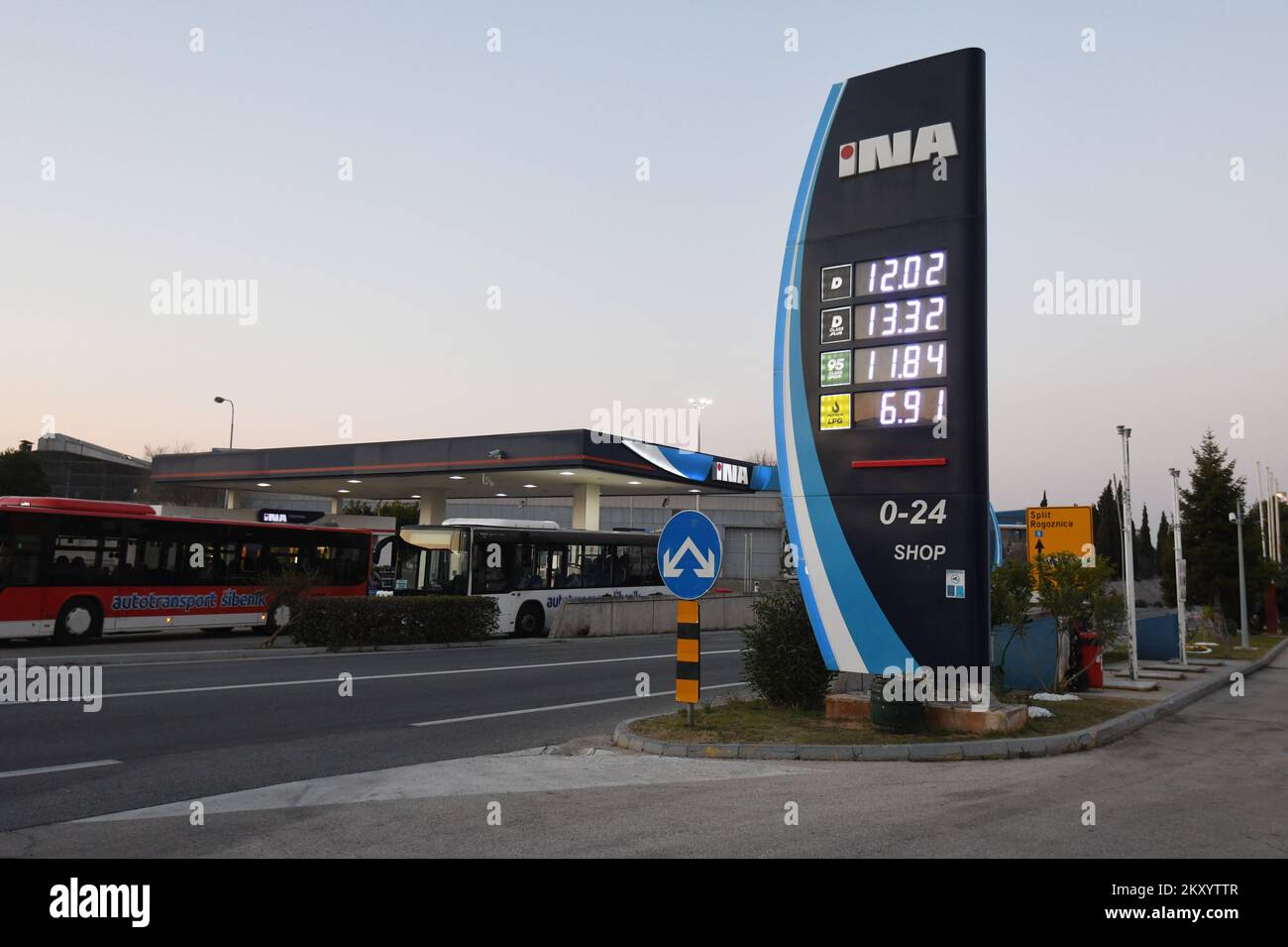 Fuel prices for diesel and gasoline are shown on the display panel of a  filling station in Sibenik, Croatia, on March 22, 2022. Prices of gasoline  is 1.57â‚¬, highest quality gasoline is