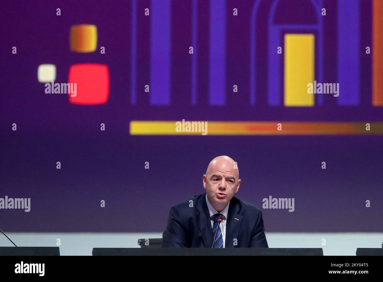FIFA president Giovanni Infantino talks during the 72nd FIFA Congress at Doha Exhibition and Convention Center (DECC) on March 31, 2022 in Doha, Qatar. Photo: Igor Kralj/PIXSELL Stock Photo