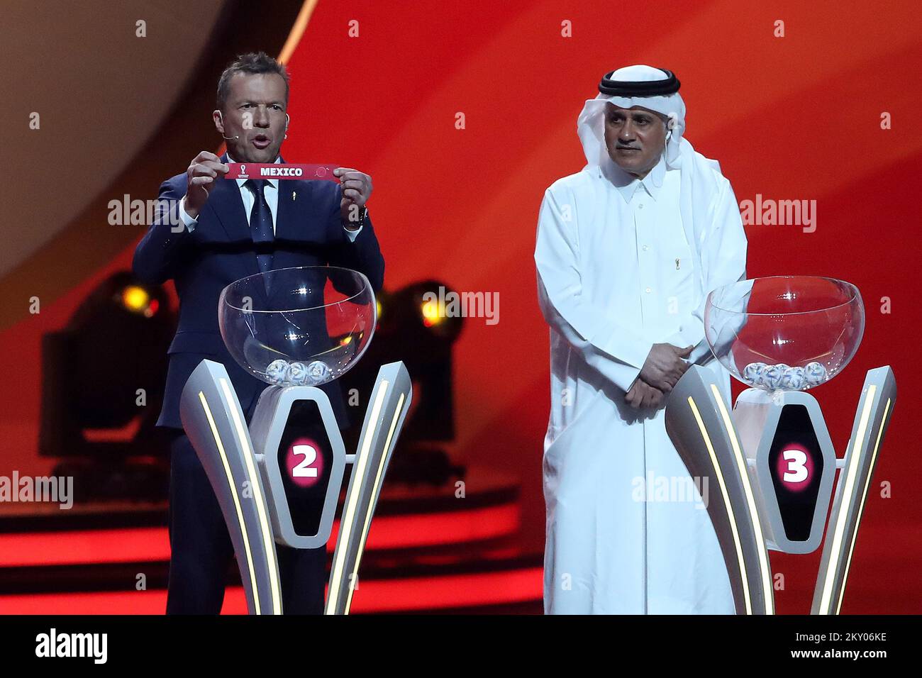 Former Football Player Lothar Matthaus shows Mexico during the FIFA World Cup Qatar 2022 Final Draw at Doha Exhibition Center on April 1, 2022 in Doha, Qatar. Photo: Igor Kralj/PIXSELL Stock Photo