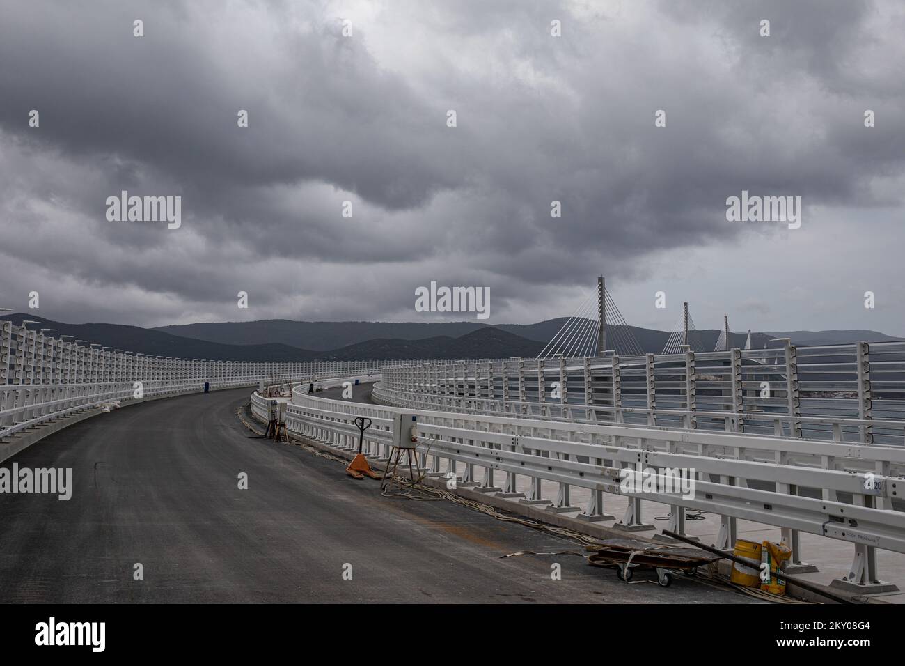 The photo shows the Peljesac Bridge in Klek, Croatia on April 9, 2022
