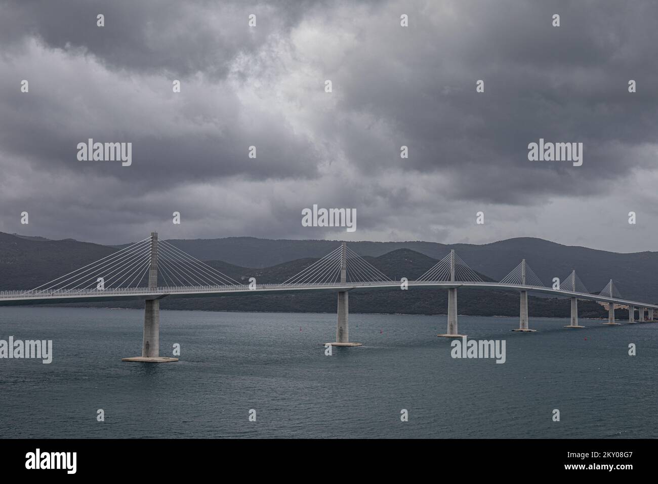 The photo shows the Peljesac Bridge in Klek, Croatia on April 9, 2022