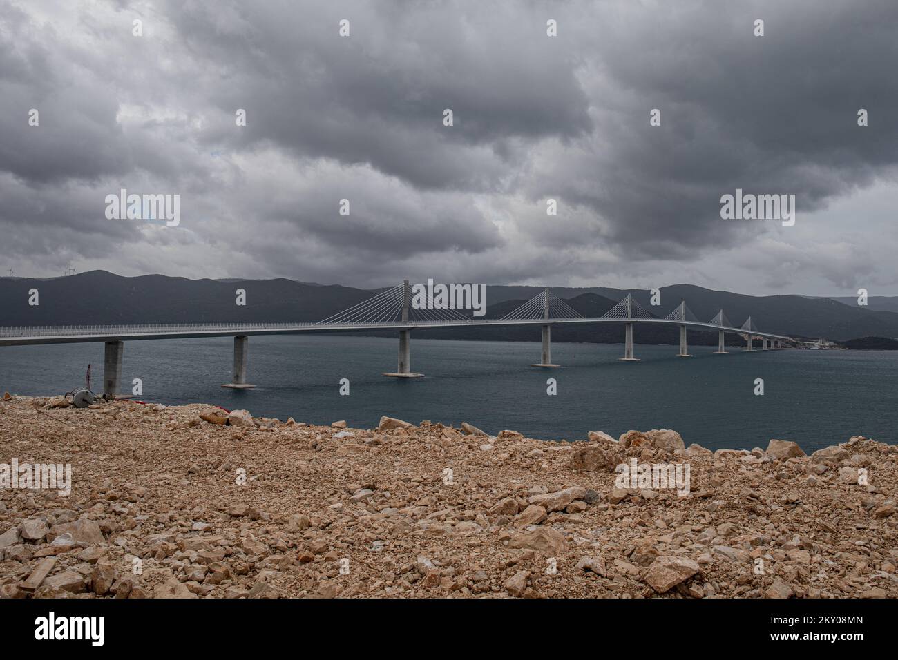 The photo shows the Peljesac Bridge in Klek, Croatia on April 9, 2022