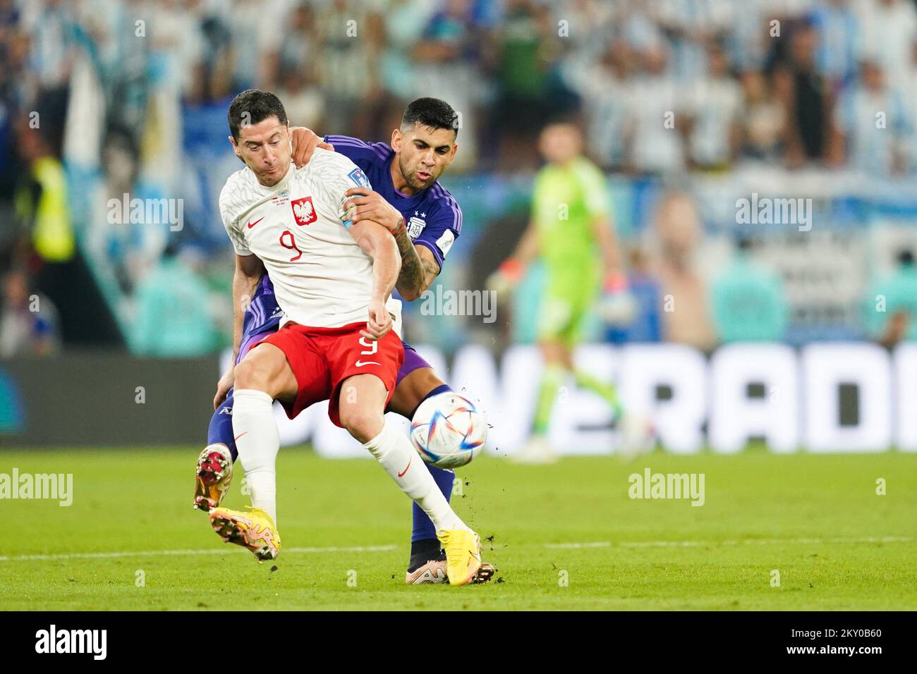 DOHA, QATAR - NOVEMBER 30: Player of Argentina Cristian Romero fights for the ball with player of Poland Robert Lewandowski during the FIFA World Cup Qatar 2022 group C match between Argentina and Poland at Stadium 974 on November 30, 2022 in Doha, Qatar. (Photo by Florencia Tan Jun/PxImages) (Florencia Tan Jun/SPP) Credit: SPP Sport Press Photo. /Alamy Live News Stock Photo