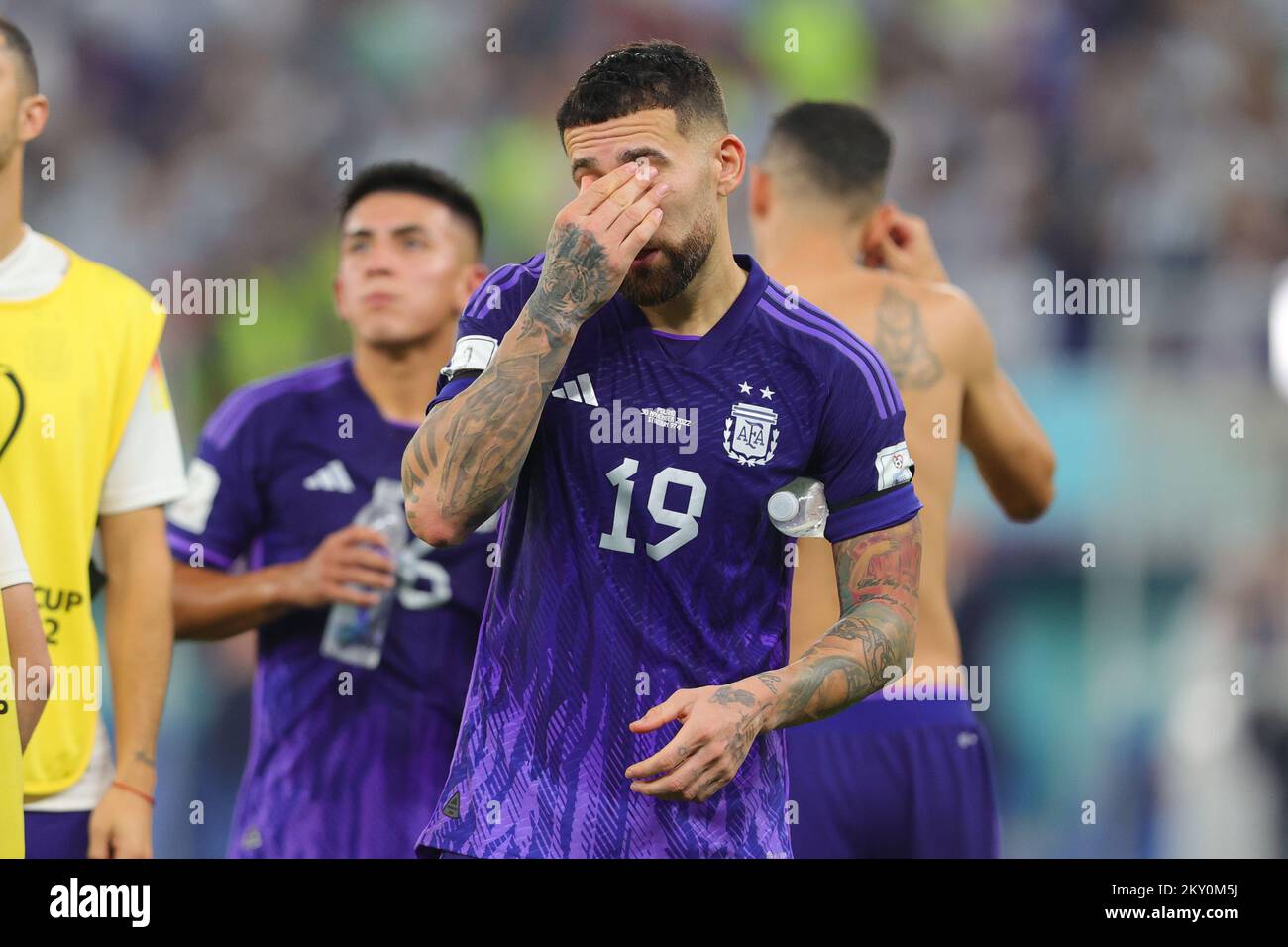 Doha, Qatar. 01st Dec, 2022. Nicolas Otamendi of Argentina emotional as he thanks the fans during the FIFA World Cup Qatar 2022 Group C match between Poland and Argentina at Stadium 974, Doha, Qatar on 30 November 2022. Photo by Peter Dovgan. Editorial use only, license required for commercial use. No use in betting, games or a single club/league/player publications. Credit: UK Sports Pics Ltd/Alamy Live News Stock Photo