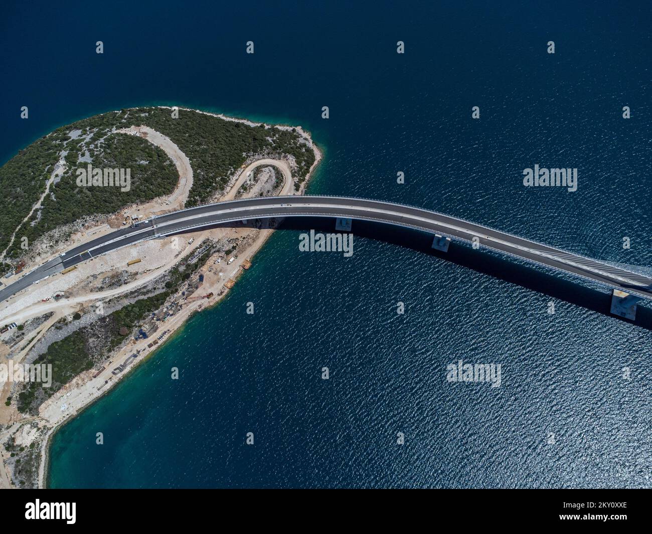 An aerial view of Peljesac bridge under construction in Komarna ...