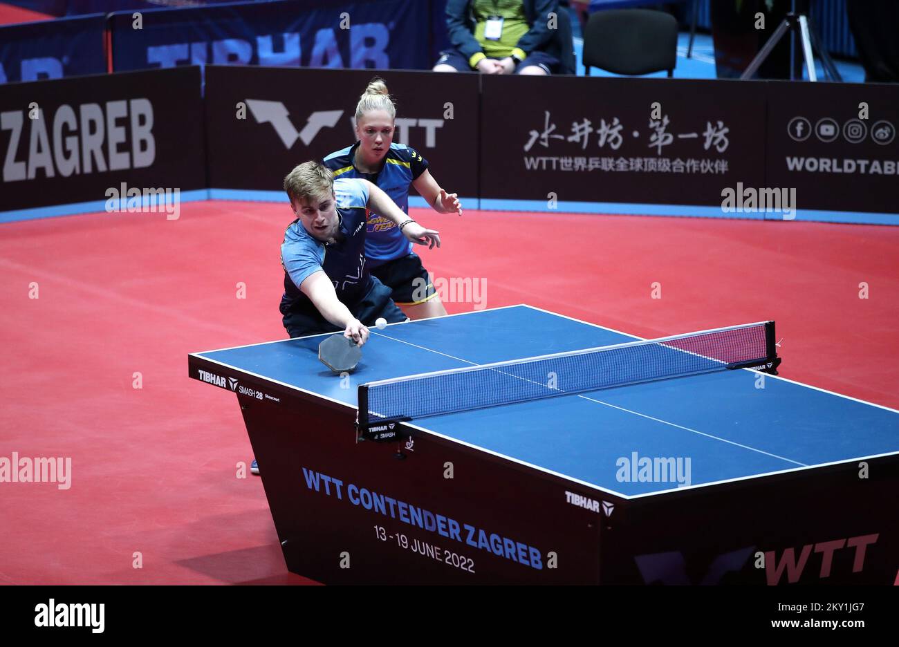 Christina Kallberg and Truls Moregardh of Sweden in action against Jang Woo-jin and Jeon Ji-hee of South Korea during 1st round of mixed couples of WTT Contender Zagreb 2022 in Dom Sportova, Zagreb, Croatia, on June 16, 2022. Stock Photo