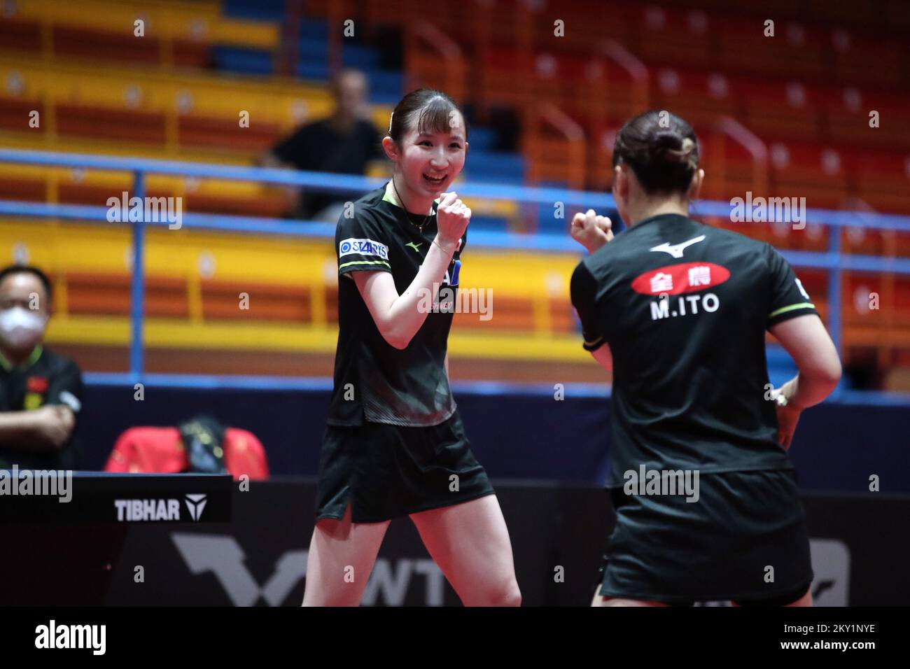 Hina Hayata and Mima Ito of Japan compete during WTT Contender Zagreb ...