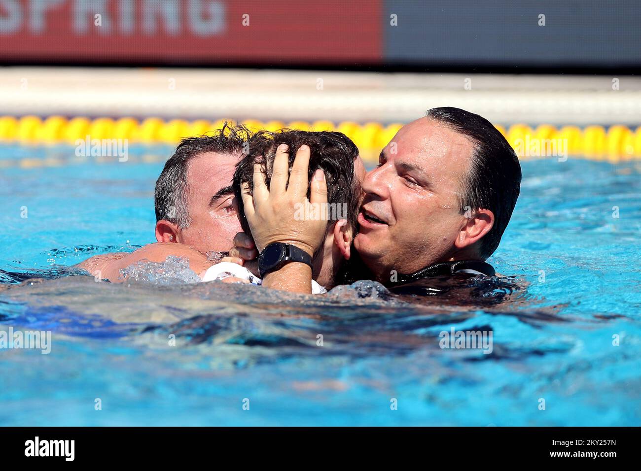 The Greek national water polo team celebrates their victory after the Men's Bronze Medal Match