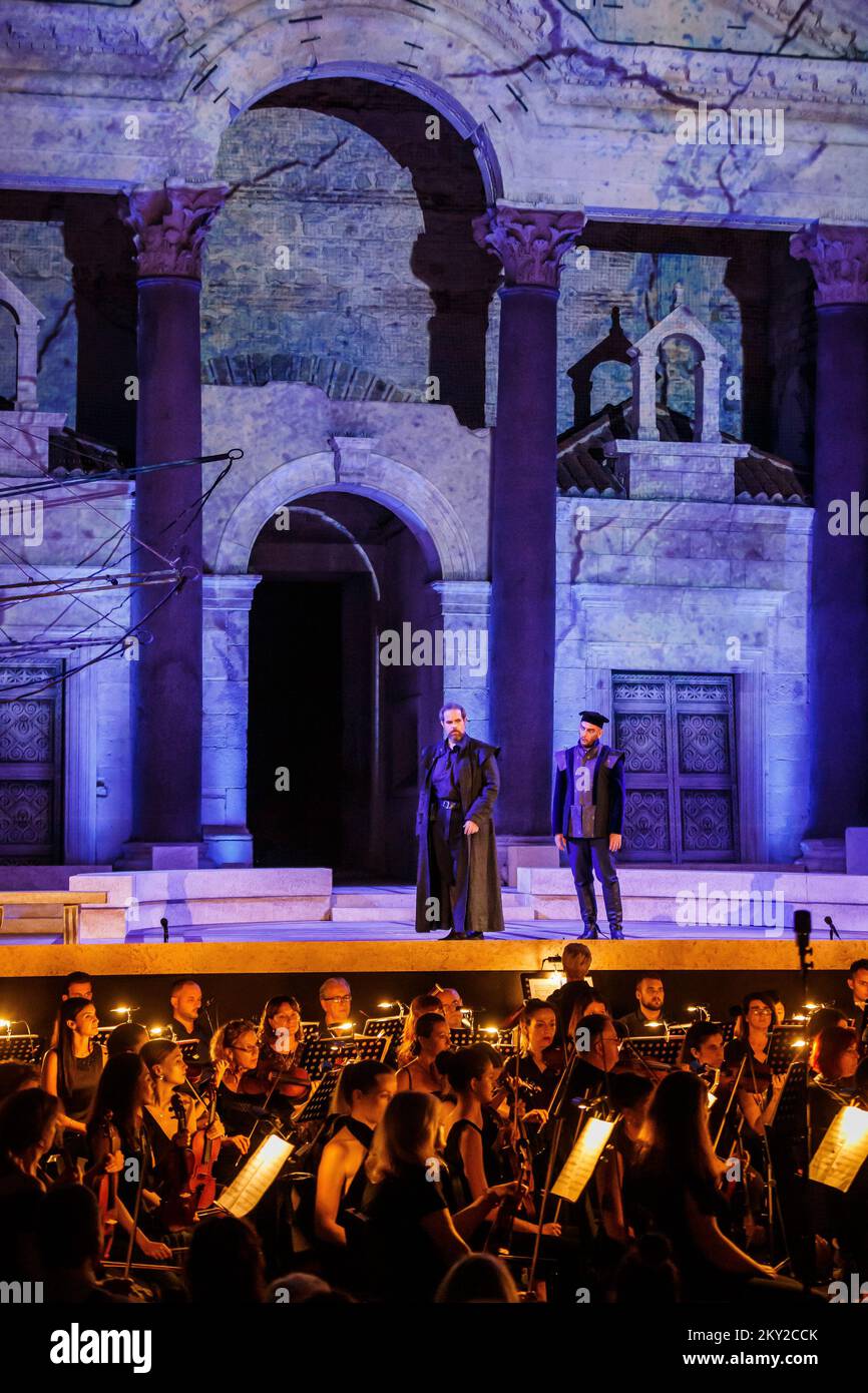 Verdi's 'Simon Boccanegra' under the musical direction of maestro Ivo Lipanovic, in the director's vision of Kresimir Dolencic opened 68th. Split Summer Festival at Peristille,in Split, Croatia,on July 14, 2022. Split Summer Festival is an international music and stage event in Split that includes drama, opera, ballet, and concert programs. Along with the Dubrovnik Summer Festival, it is the largest, oldest, and most representative national theater festival held in ambient spaces. The founder and owner of the Split Summer Festival are the City of Split. Photo: Zvonimir Barisin/PIXSELL  Stock Photo