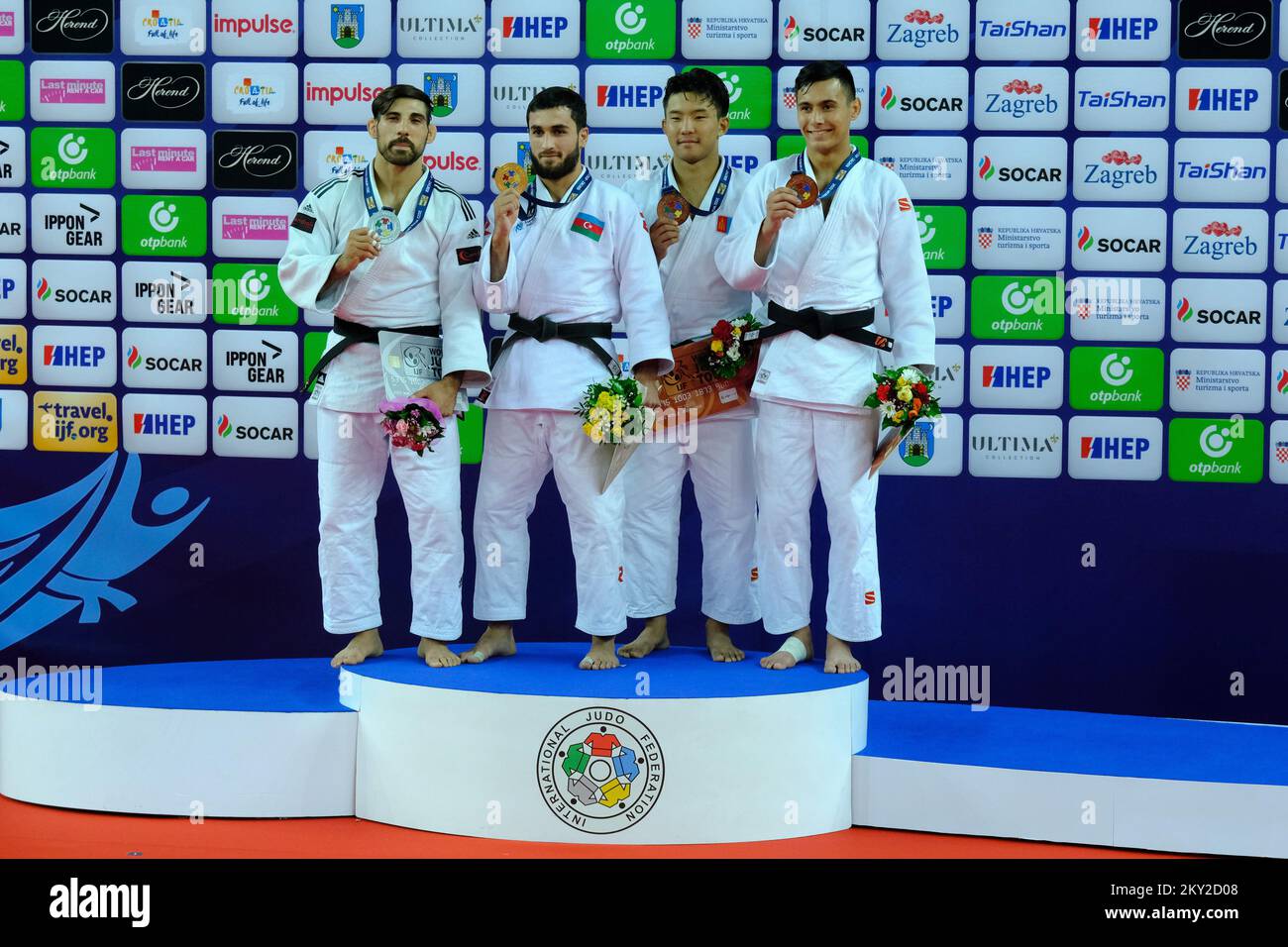 Awarding medals, 66 kg, men, during the IJF World Tour Zagreb Grand ...