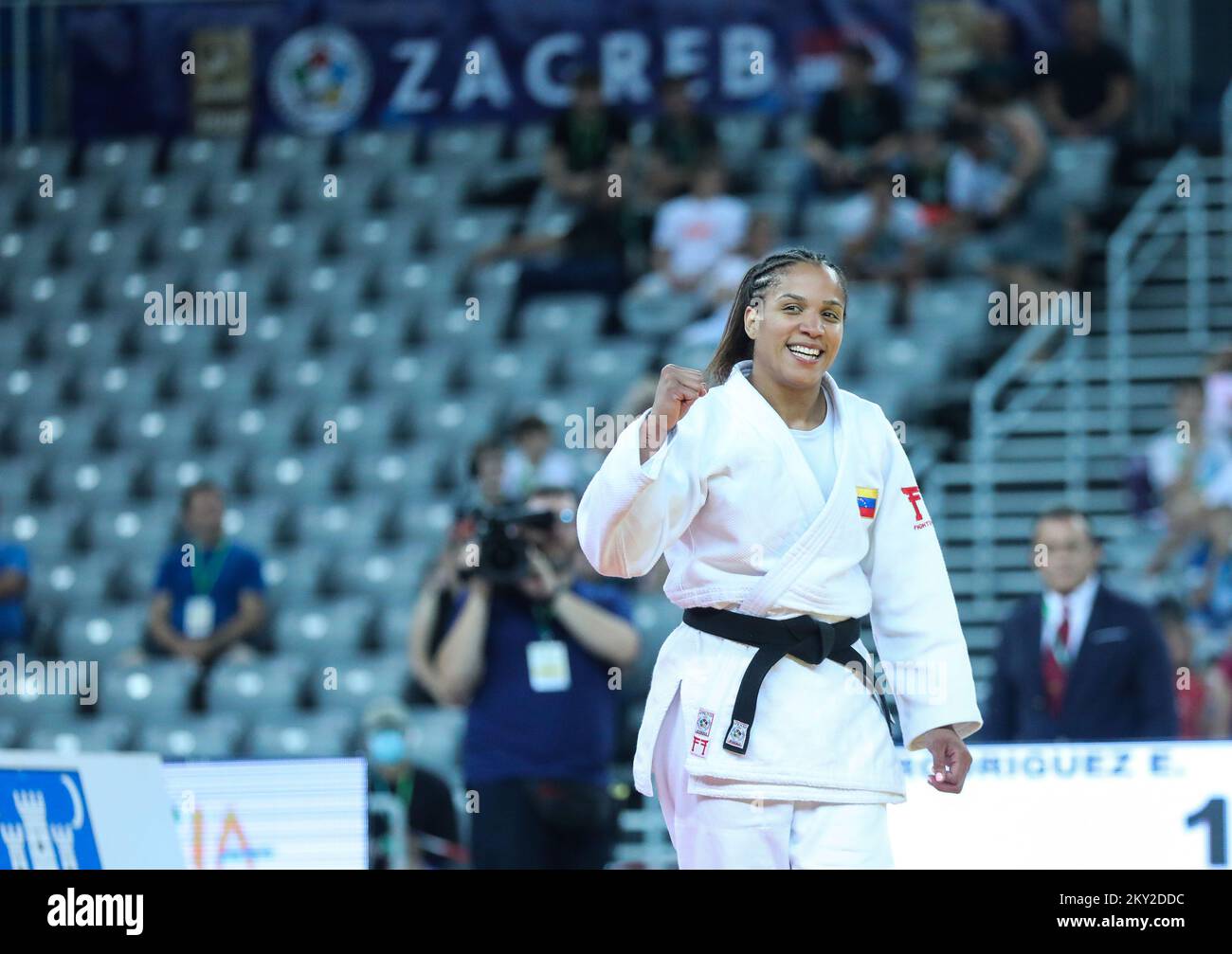 Elvismar Rodriguez of Venezuela celebrates silver in the category of women up to 70kg during the IJF World Tour Zagreb Grand Prix, held at the Zagreb Arena, in Zagreb, Croatia, on July 16, 2022. Photo: Zeljko Hladika/PIXSELL Stock Photo