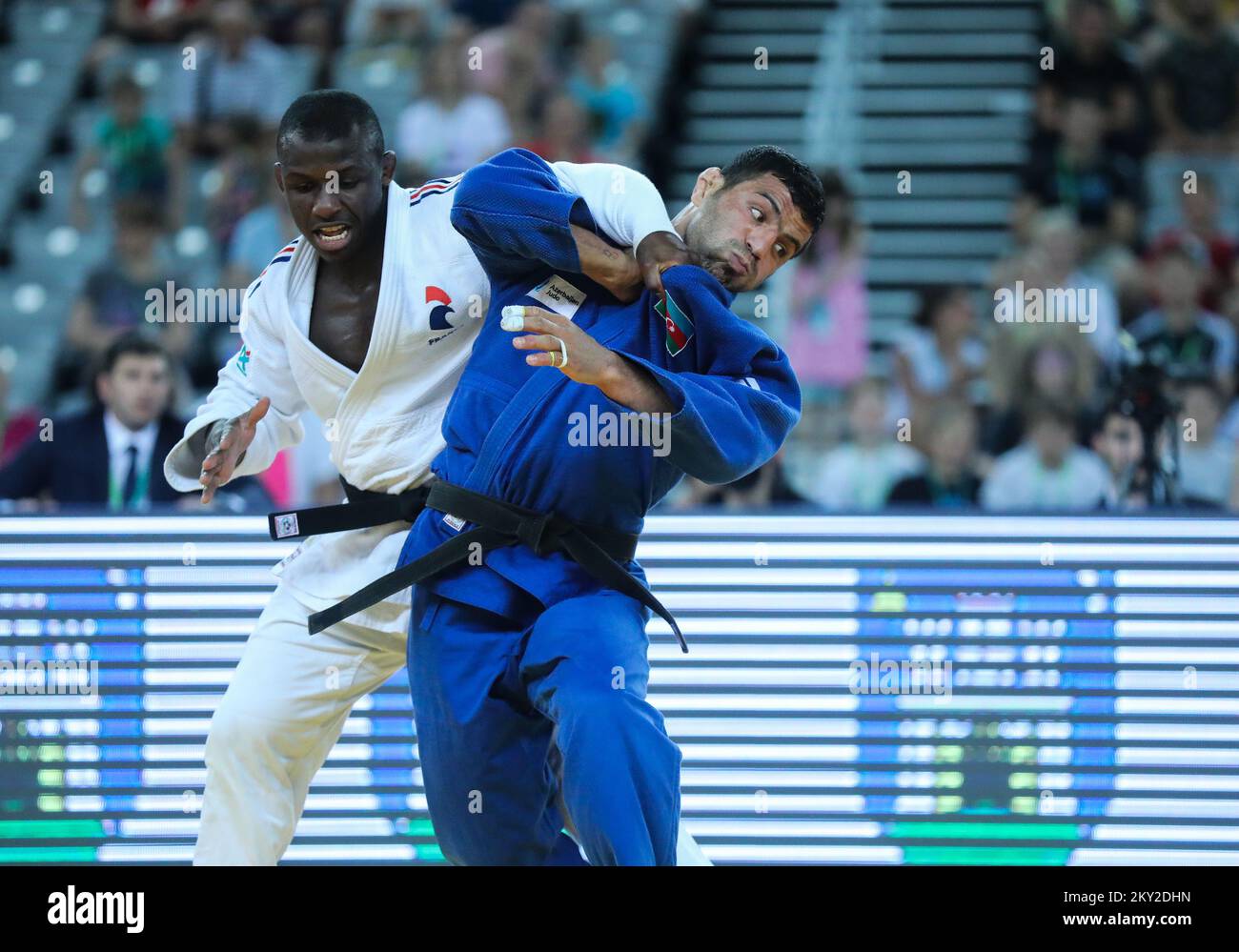 Alpha Oumar Djalo of France in a fight against Saeid Mollaei of Azerbaijan in the category of men's up to 81kg during the IJF World Tour Zagreb Grand Prix, held at the Zagreb Arena, in Zagreb, Croatia, on July 16, 2022. Photo: Zeljko Hladika/PIXSELL Stock Photo