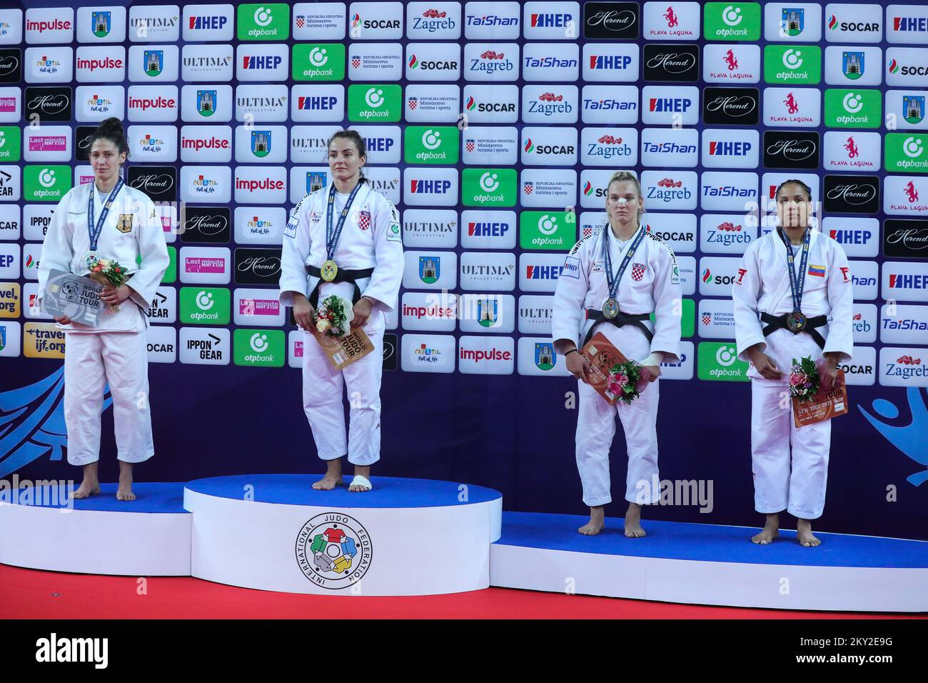 Miriam Butkereit of Germany, Barbara Matic of Croatia, Lara Cvjetko of Croatia and Elvismar Rodriguez of Venezuela pose on the podium with medals won in the category of women up to 70kg during the IJF World Tour Zagreb Grand Prix, held at the Zagreb Arena, in Zagreb , Croatia, on July 16, 2022. Photo: Zeljko Hladika/PIXSELL  Stock Photo