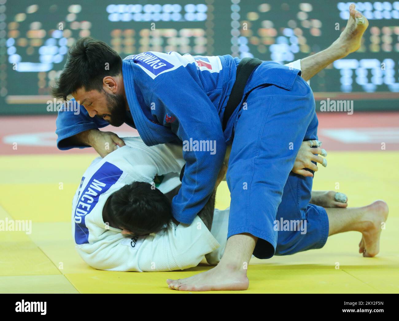 Beka Gviniashvili of Georgia fights against Rafael Macedo of Brazil for gold in the category of men up to 90 kg during the IJF World Tour Zagreb Grand Prix, held at the Zagreb Arena, in Zagreb, Croatia, on July 17, 2022. Photo: Zeljko Hladika/PIXSELL Stock Photo