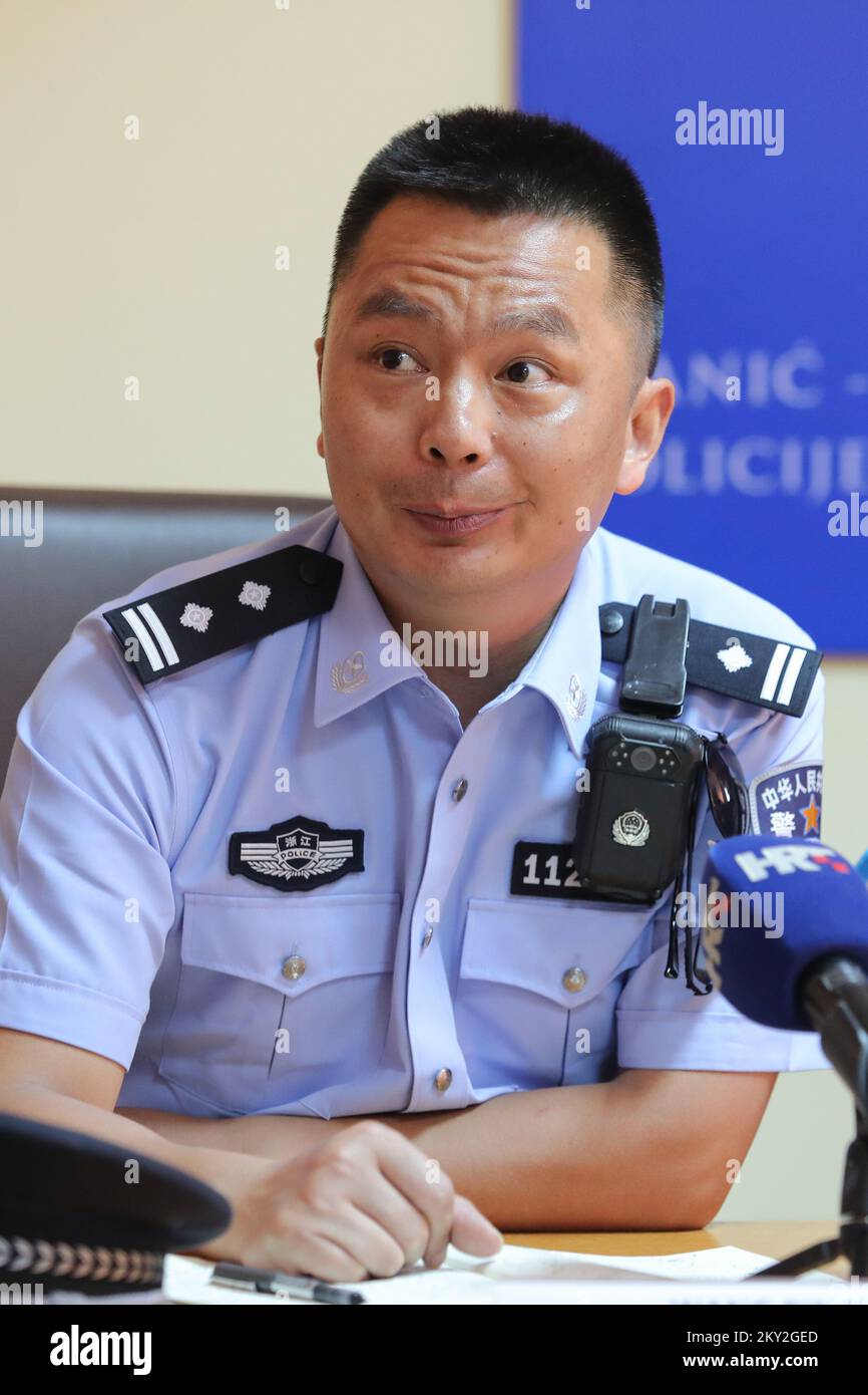 Chinese Police Supervisor Bingyang Wang speaks during an announcement of Croatia, China joint police patrol in Zagreb, Croatia on July 19, 2022. Eight Chinese police officers will conduct the one-month joint patrol in Zagreb, Zadar, Plitvice Lakes National Park and Dubrovnik. Photo: Tomislav Miletic/PIXSELL Stock Photo