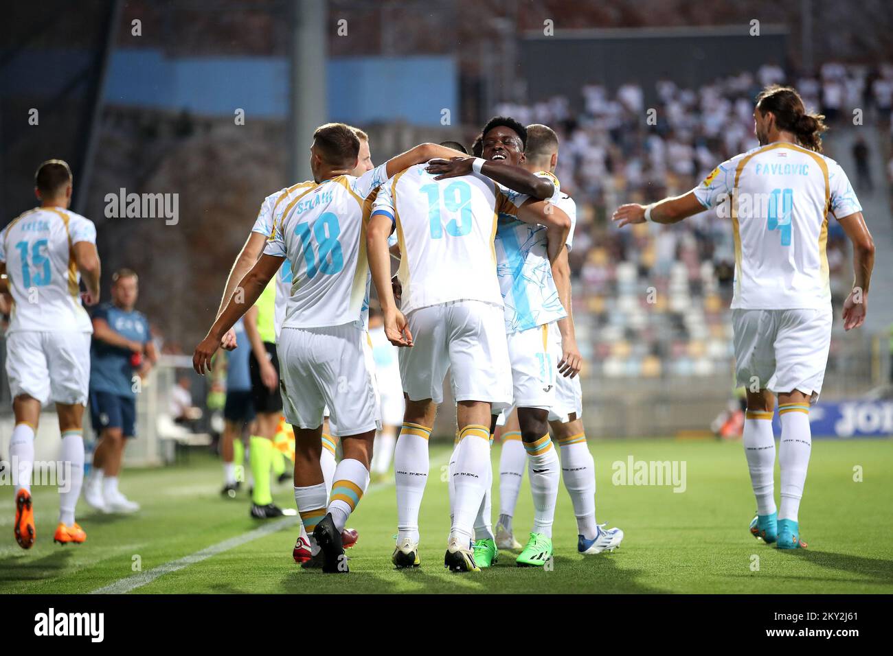 Players of HNK Rijeka celebrate after scoring a goal during the