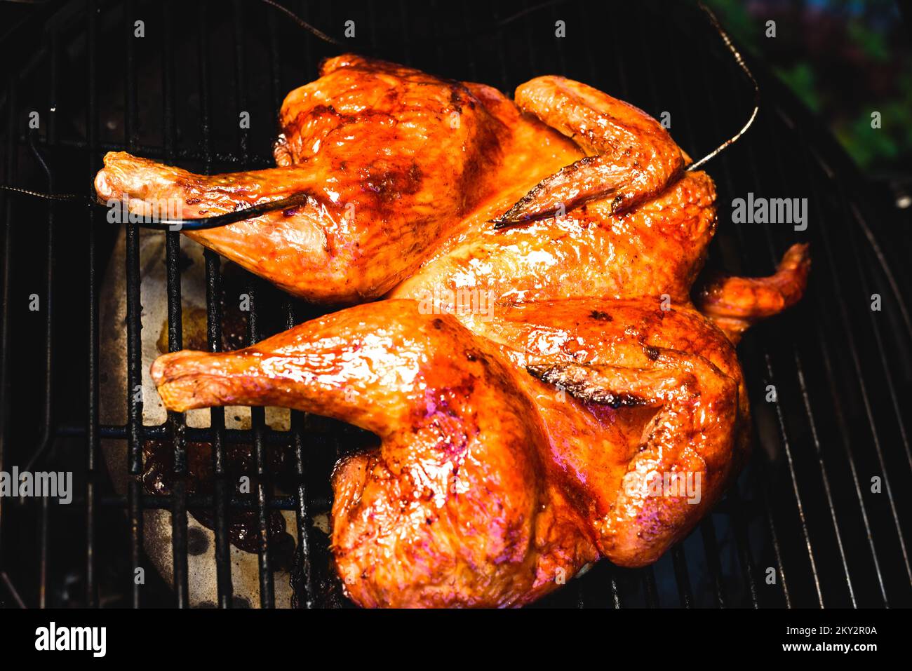 Barbeque cooked whole chicken. BBQ chicken. Whole cooked chicken. Stock Photo