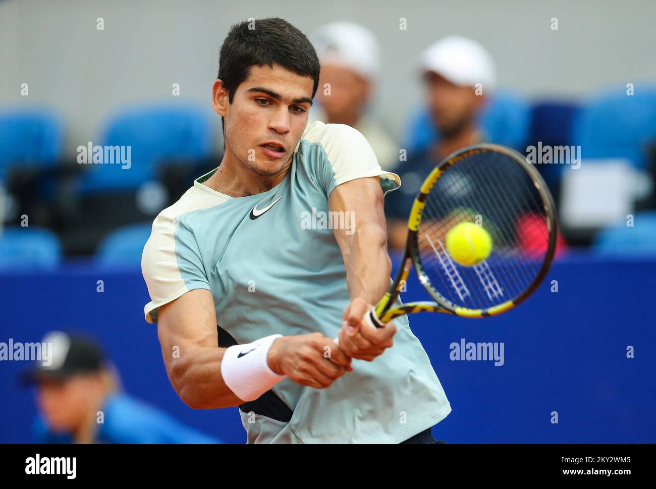 UMAG, CROATIA - JULY 30: Carlos Alcaraz of Spain play against Giulio  Zeppieri of Italy during Menâ€™s Single semifinal match on Day 7 of the  2022 Croatia Open Umag at Goran Ivanisevic
